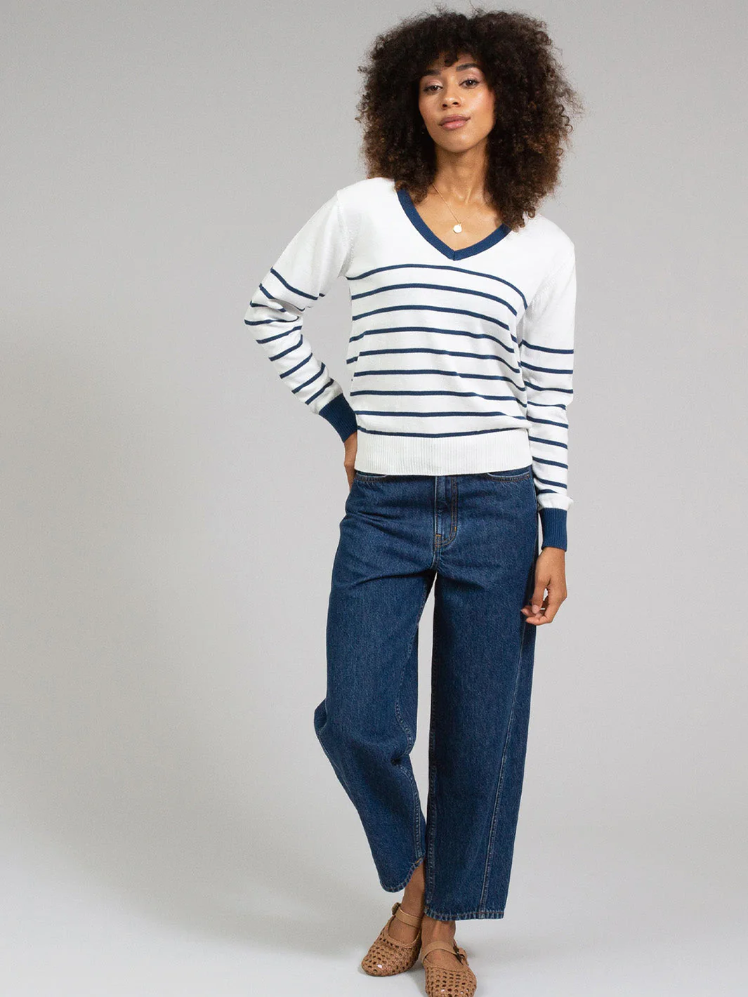 Winspit V-Kragen Strickpullover Navy Streifen - Image 3